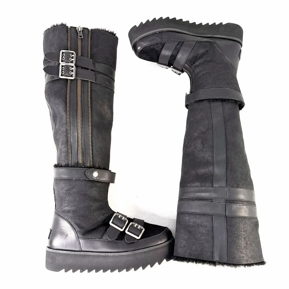 UGG Moto Punk OTK Boot Black Biker Buckle Zipper Round Toe Women's Size 10